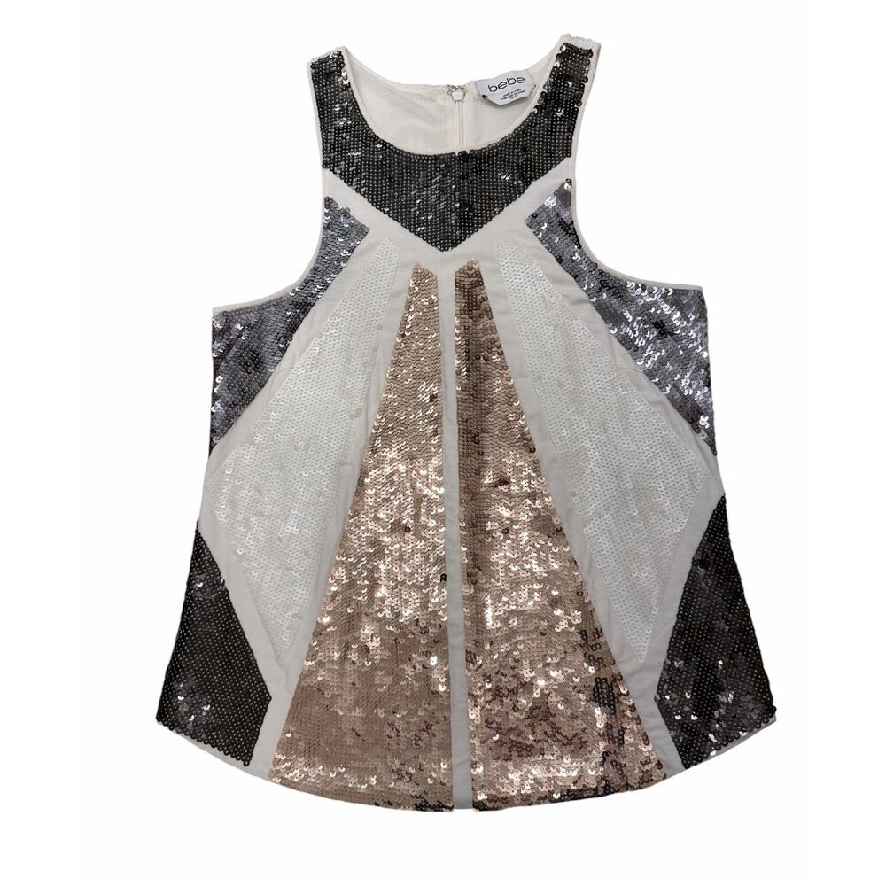 bebe Y2K Sequin Tank Top Women's XS Glam Party Clubwear Metallic Geometric